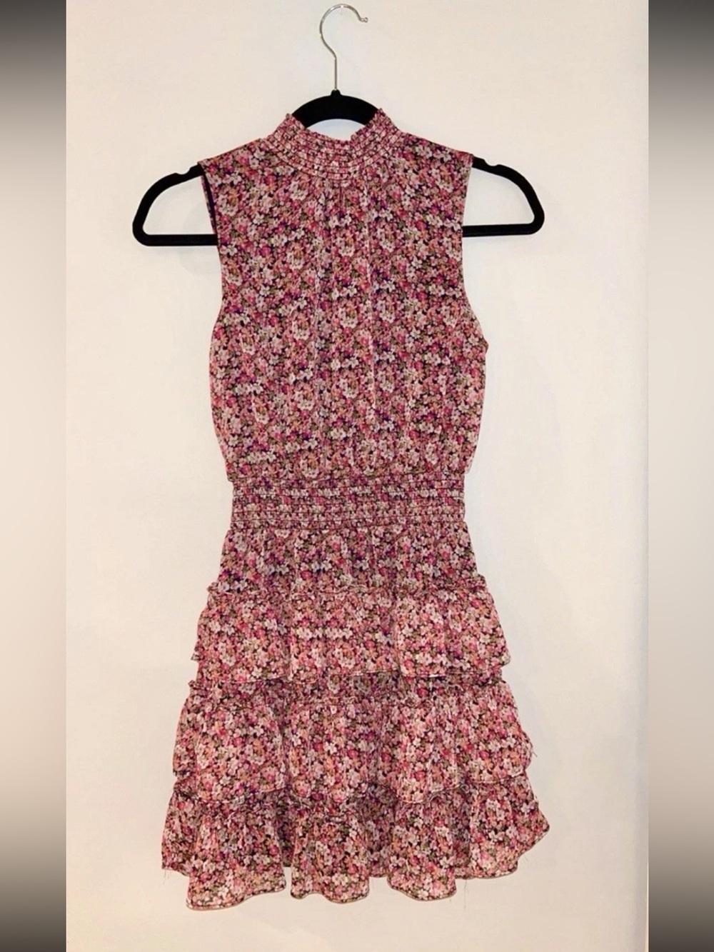 1.STATE Navy Floral V-Neck Dress with Pink White and Orange Blossoms Ruffle Tier